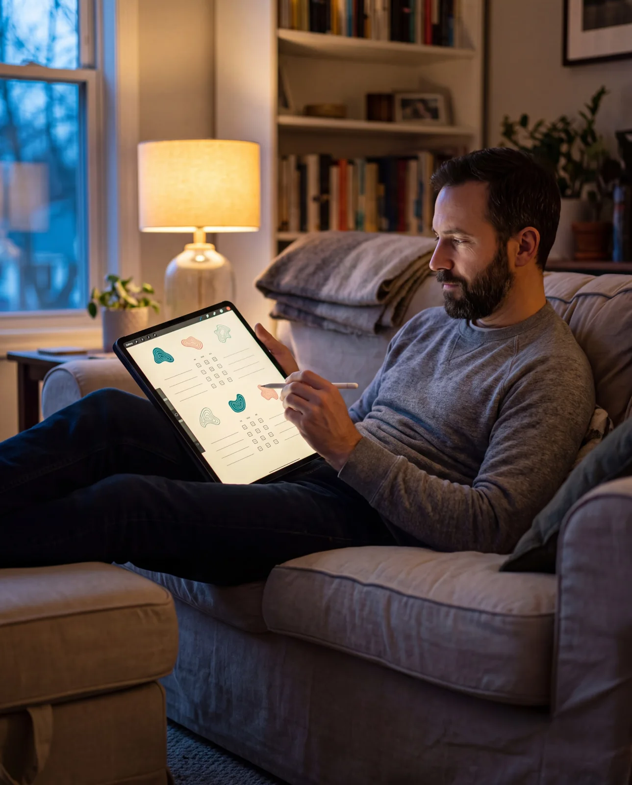 A man filling in the tablet edition of the workbook on a couch in the evening