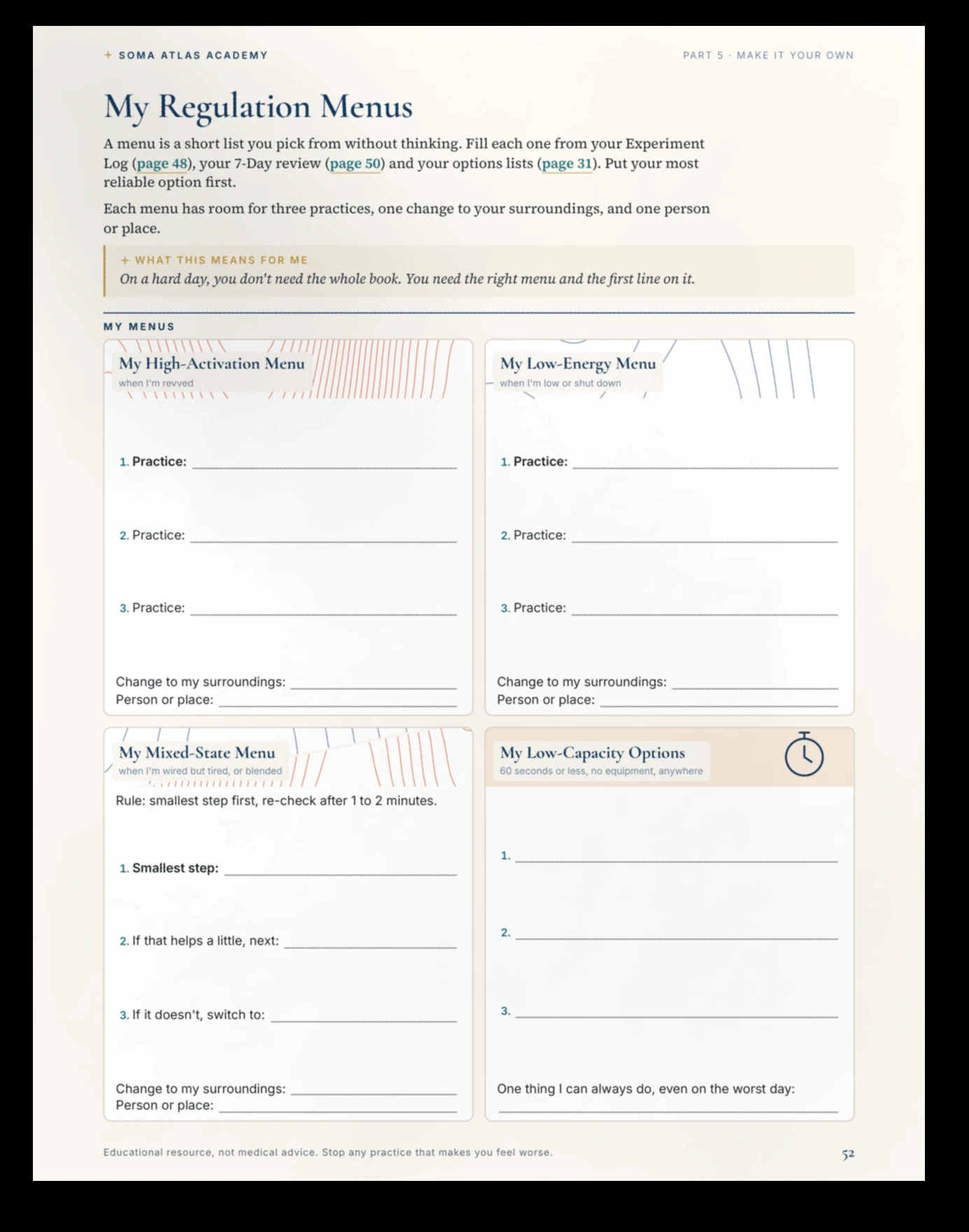 Regulation Menus workbook page
