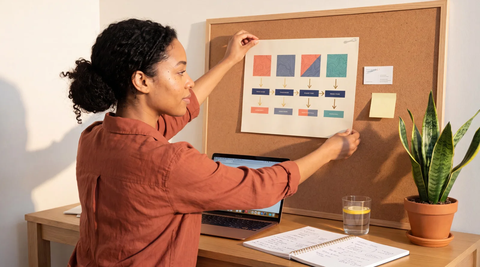 A woman pinning a decision map with four state routes on a corkboard above her desk