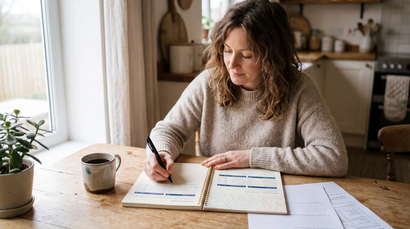 A woman filling in a workbook page at a wooden kitchen table with a cup of coffee