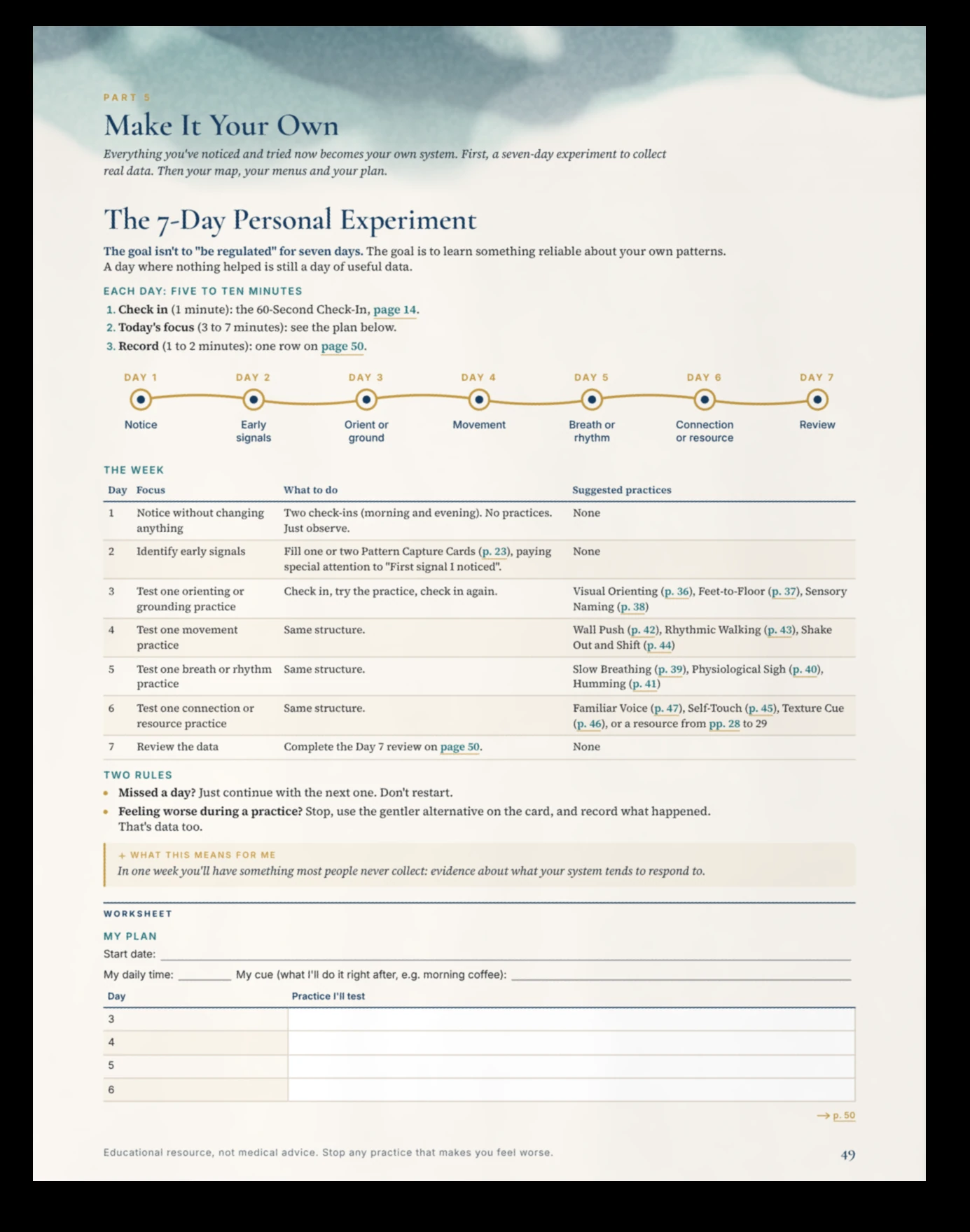 7-Day Experiment workbook page