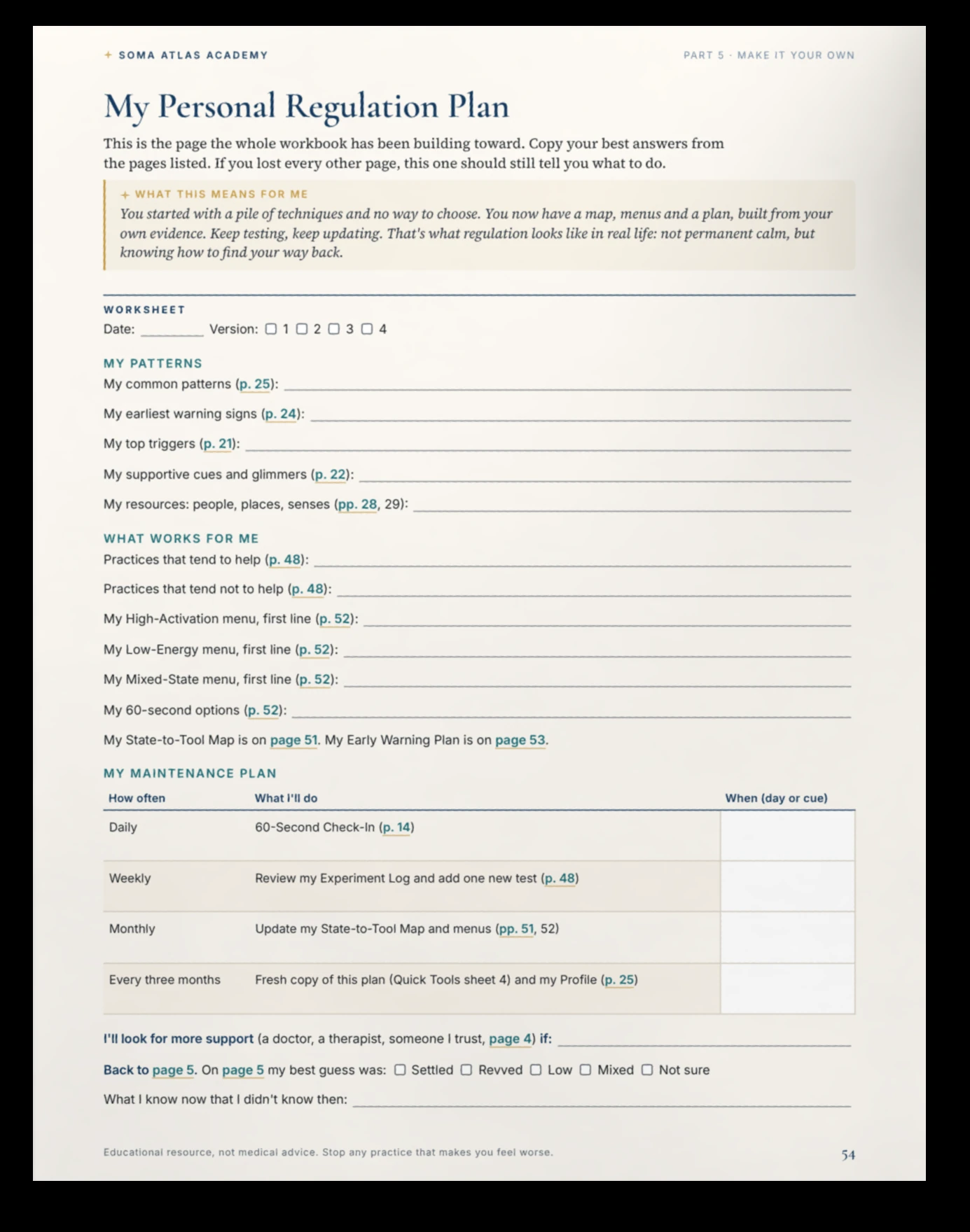 Personal Regulation Plan workbook page